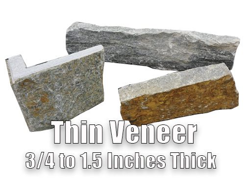 Thin veneer stone sizes we offer are three quarters inch thick to one and a half inches thick