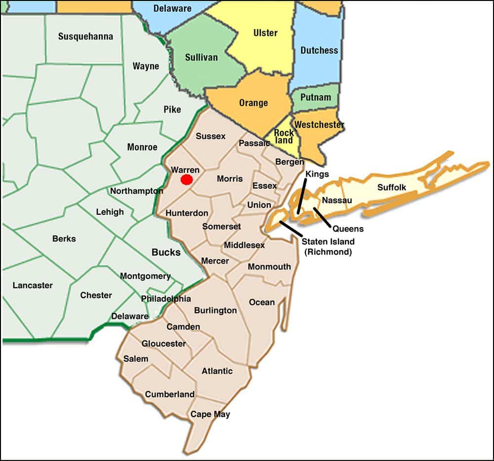 A map of where in New Jersey, Pennsylvania and New York states where we most frequently sell our stone