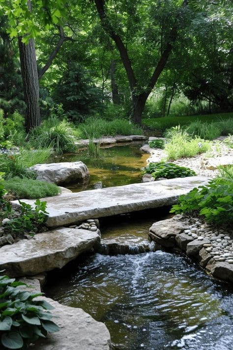 A picture of a stone bridge rock that goes over a creek