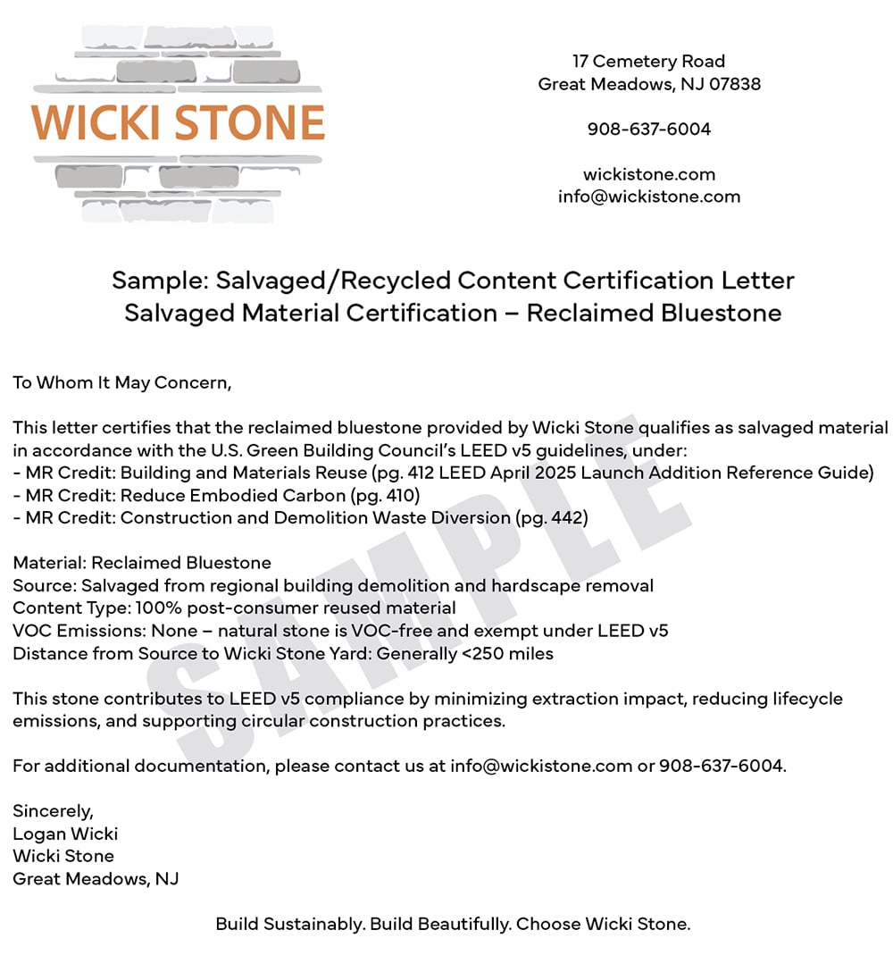 A photo of a sample letter we can provide for LEEd certification of building materials